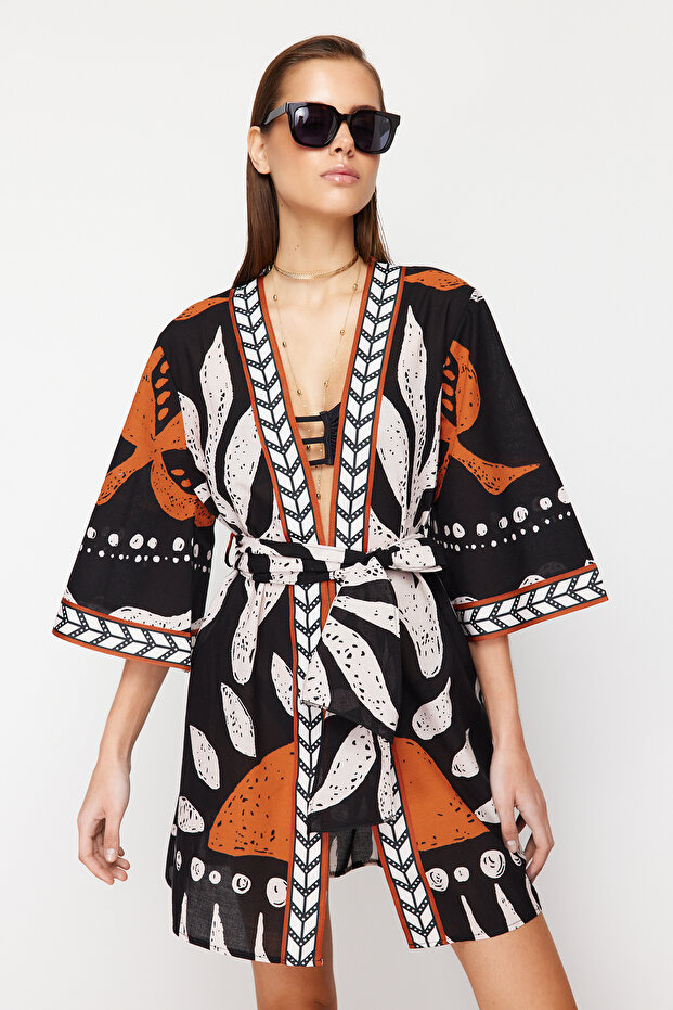 Etnik Desenli Dokuma %100 Pamuk Plaj Mini Kuşaklı Kimono&Kaftan TBESS23KM00035 - 3