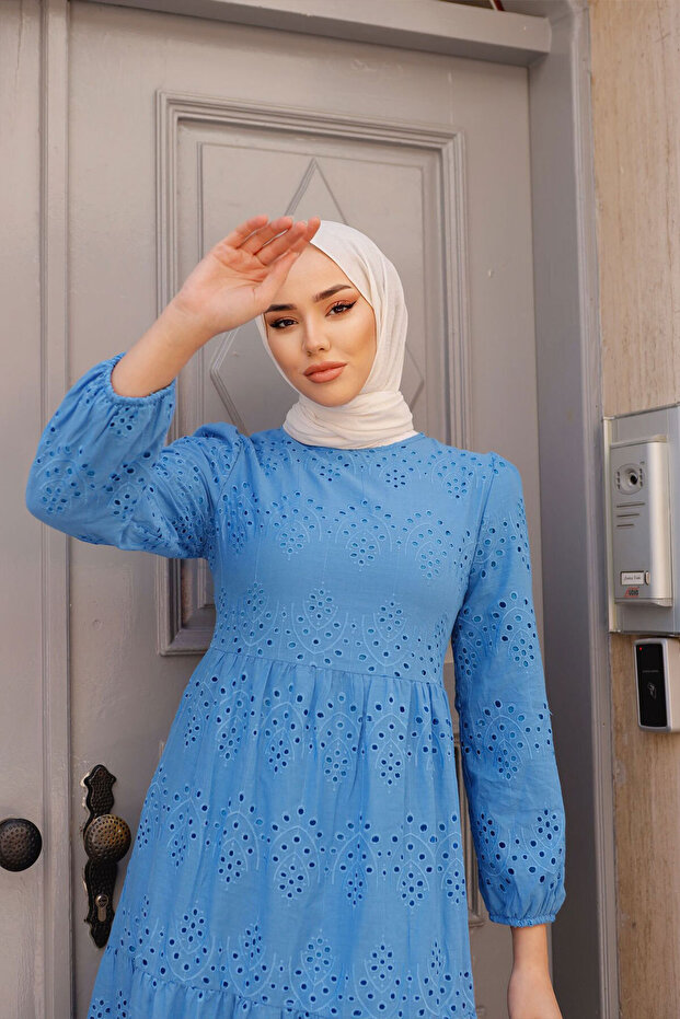 1073 Dantelli Elbise İndigo - 2