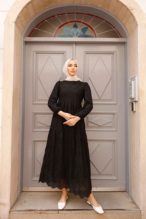 1073 Dantelli Elbise Siyah - 4