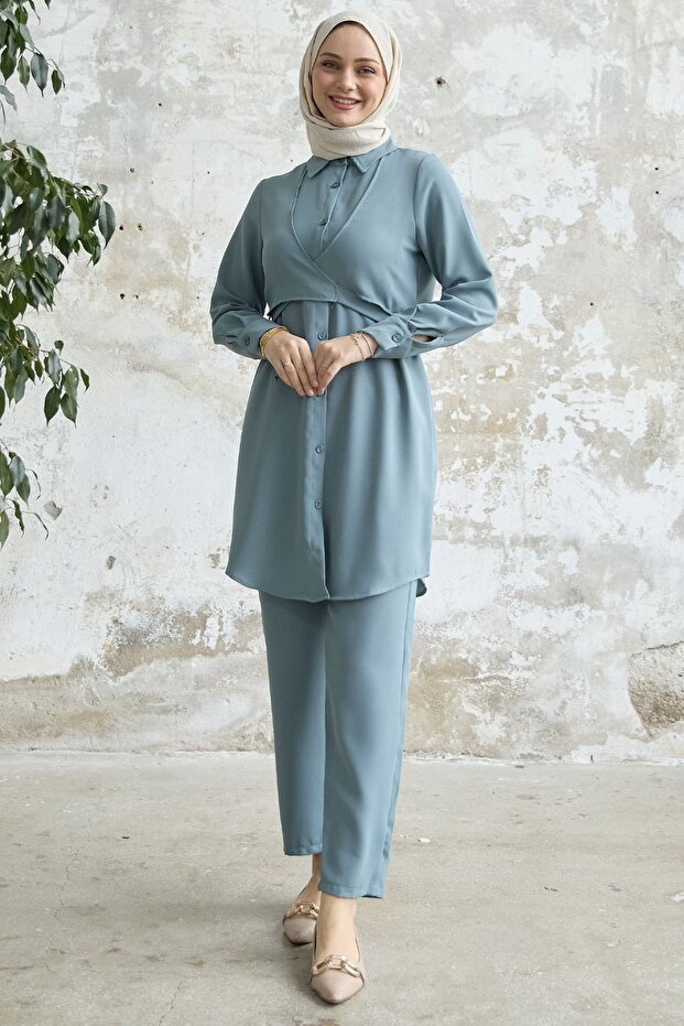 طقم مزدوج بربطة أمامية - نعناعي - 1