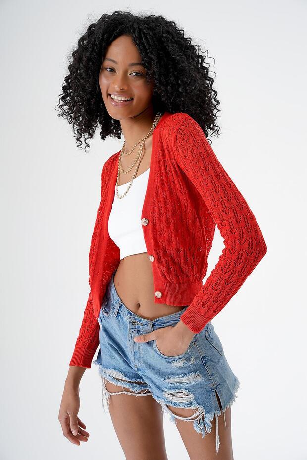 Woman's V-Neck Buttoned Trko Cardigan Pomegranate Flower 24S166