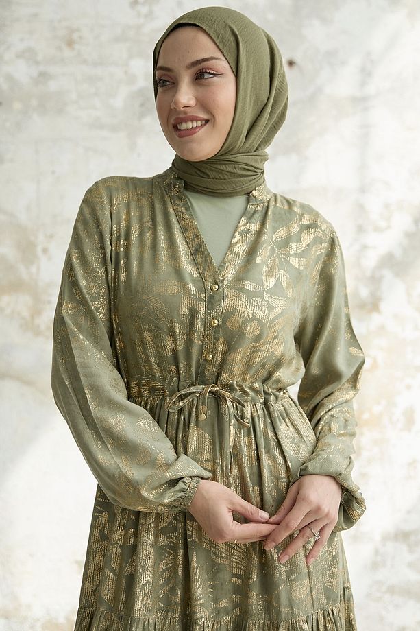 Gold Çiçek Varaklı Elbise - Mint - 4