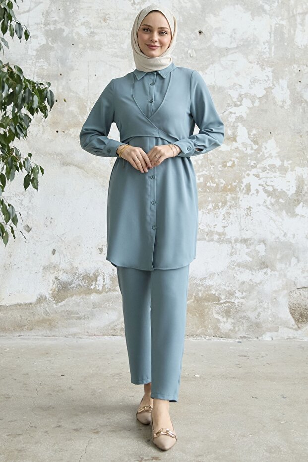 طقم مزدوج بربطة أمامية - نعناعي - 5