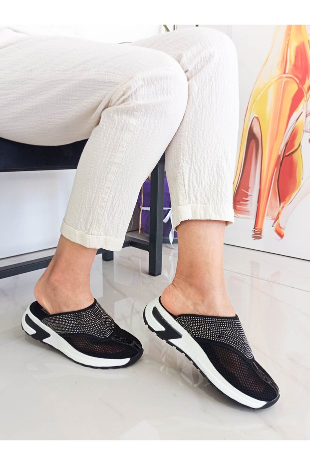 Black Color Flat Sole Stone Mesh Women's Sports Slippers, Sizes 36-37-38-39-40