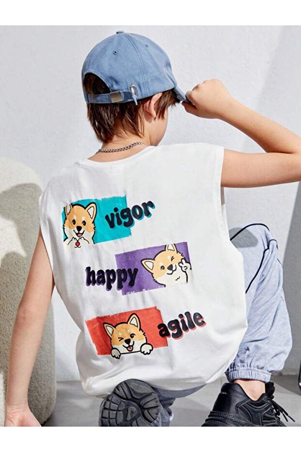 Boy's White Vigor-Happy-Agile Printed Zero Sleeve Combed Cotton T-Shirt