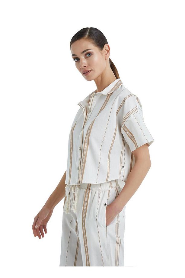 Kadın Kısa Kol Crop Gömlekli Bej Pijama Takımı C4T0N4O06- - 3