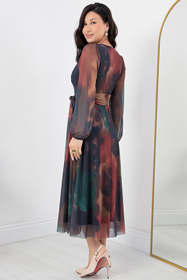 V Yaka Kuşaklı Tül Elbise AP-123 - 6