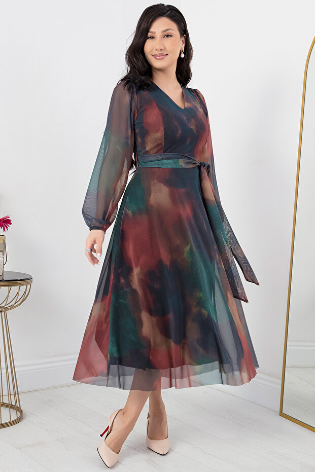 V Yaka Kuşaklı Tül Elbise AP-123 - 3