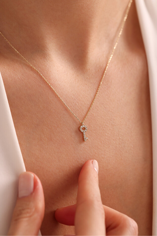 14 Ayar Altın Taşlı Mini Anahtar Şans Kolye - 1