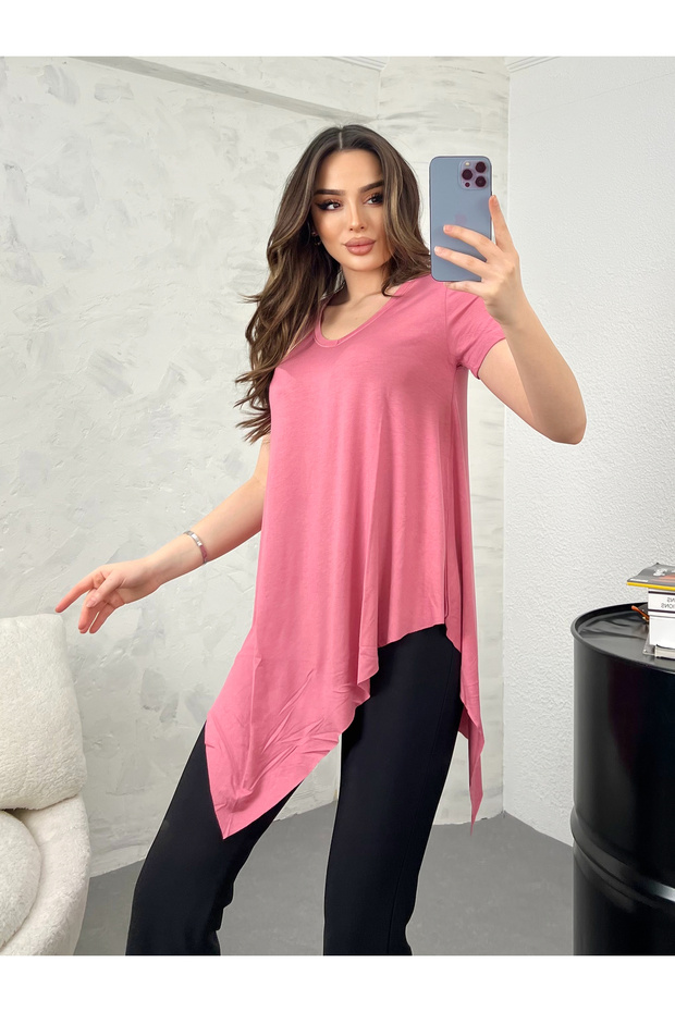 V Yaka Asimetrik Basic Bluz - 1