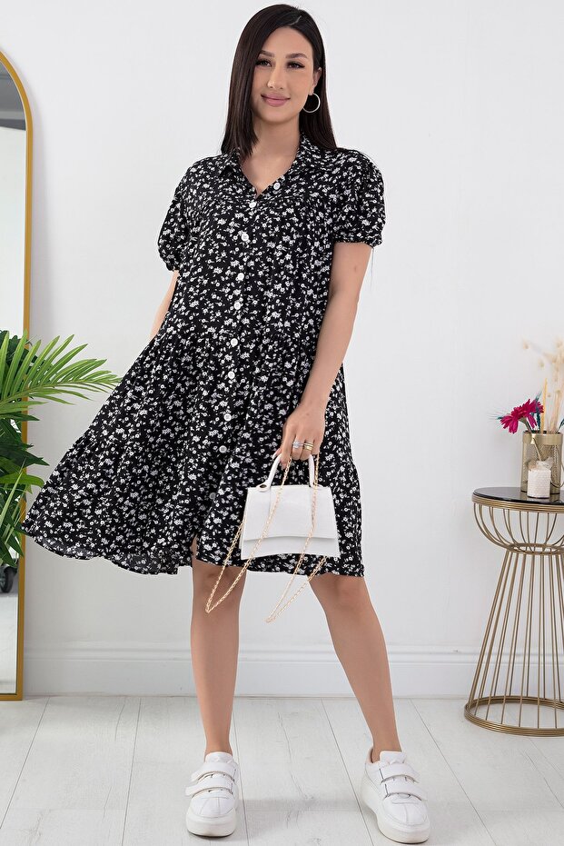 Volanlı Düğmeli Kısa Elbise 23707 - 1