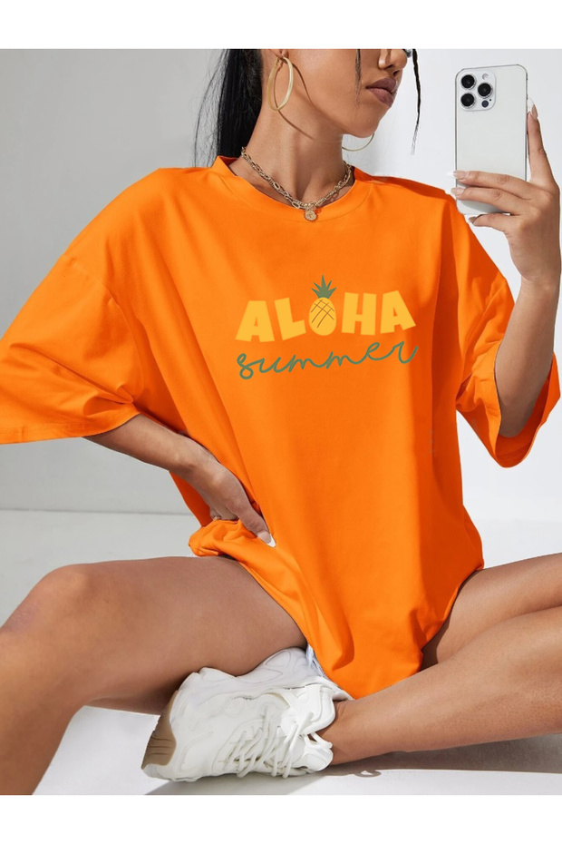 Women's Oversize Aloha Summer Design Printed T-Shirt Short Sleeve Summer Combed Cotton T-Shirt