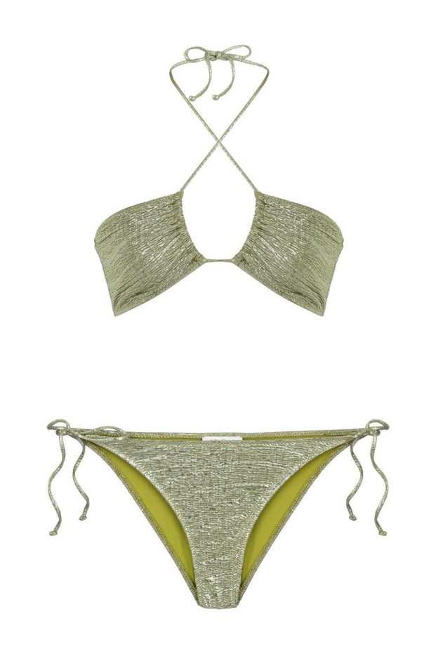 Halter Neck Shiny Oil Green Bikini Set