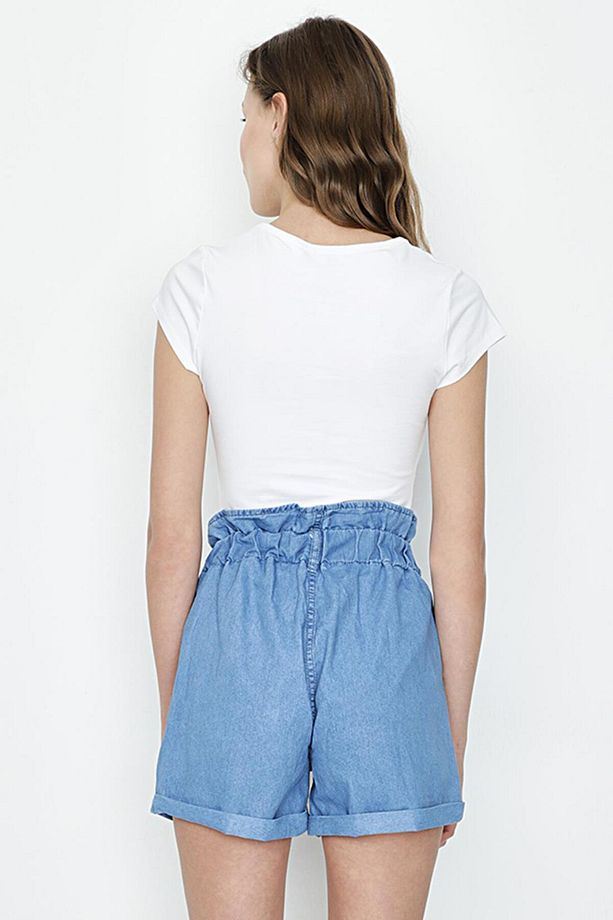 Kadın Mavi Beli Lastikli Denim Şort - 2