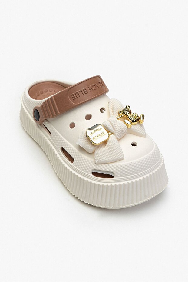 Damskie kapcie Ostra z białą brązową kokardką i grubą podeszwą - 5