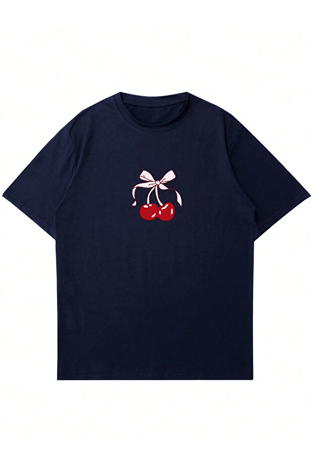 Women's Cherry Printed Crew Neck Oversize T-Shirt