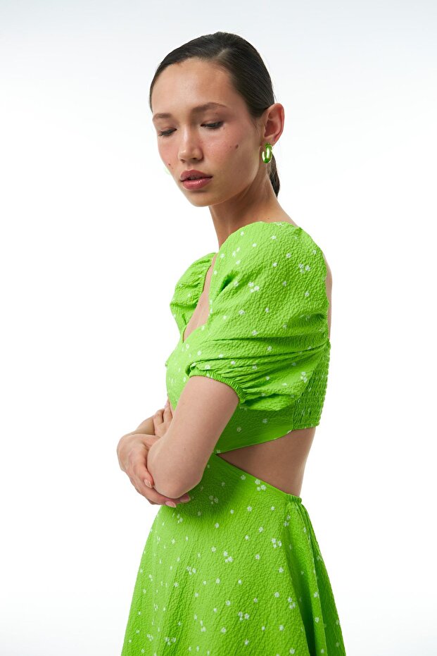 Dekolteli Balon Kol Elbise Yeşil - 6