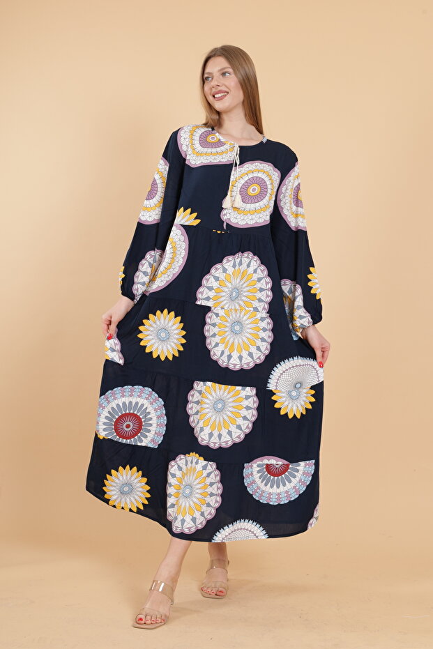 Women's long sleeve full length printed woven dress