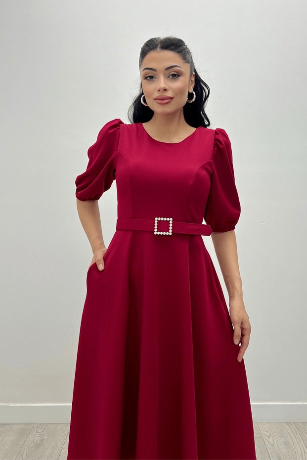 Crepe Fabric Belt Detail Dress - Burgundy