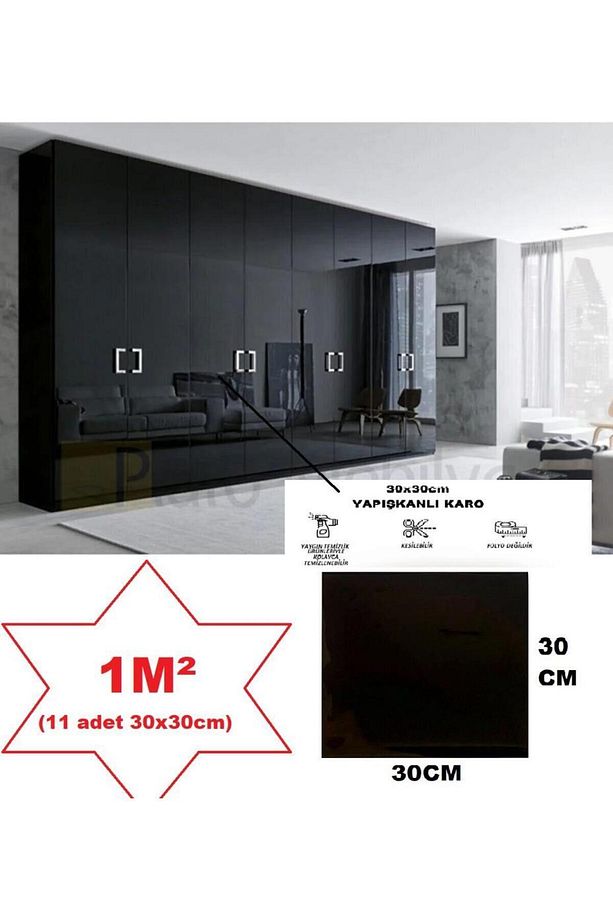 1m2 30x30 Cm (11 ADET) Kendinden Yapışkanlı Shıny Düz Siyah Parlak Duvar Ofis Mutfak Karosu Paneli - 3