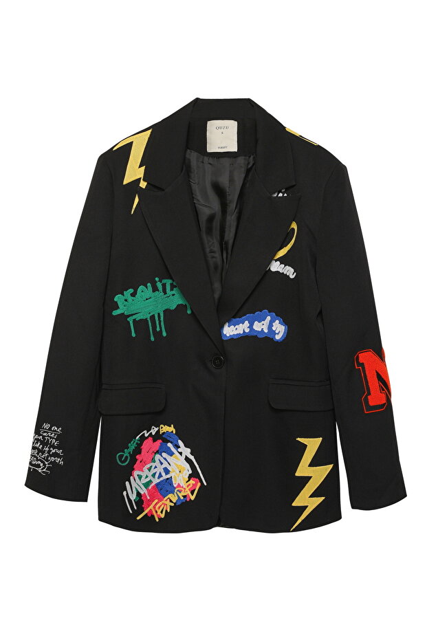 Embroidered Detail Blazer Jacket Black