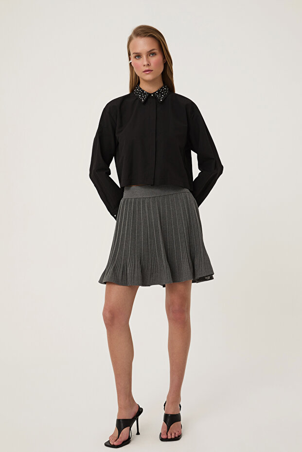 Pleat Detailed Elastic Waist Mini Skirt Dark Gray