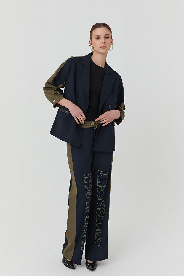 Patterned Trousers with Elastic Waist Match Detail Navy Blue
