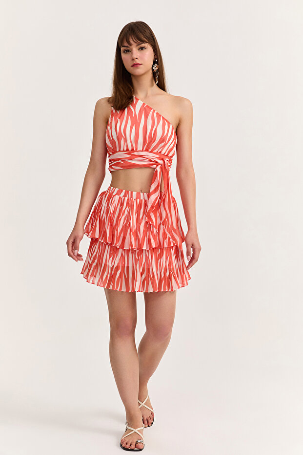 Çift Katlı Piliseli Mini Etek Turuncu - 1