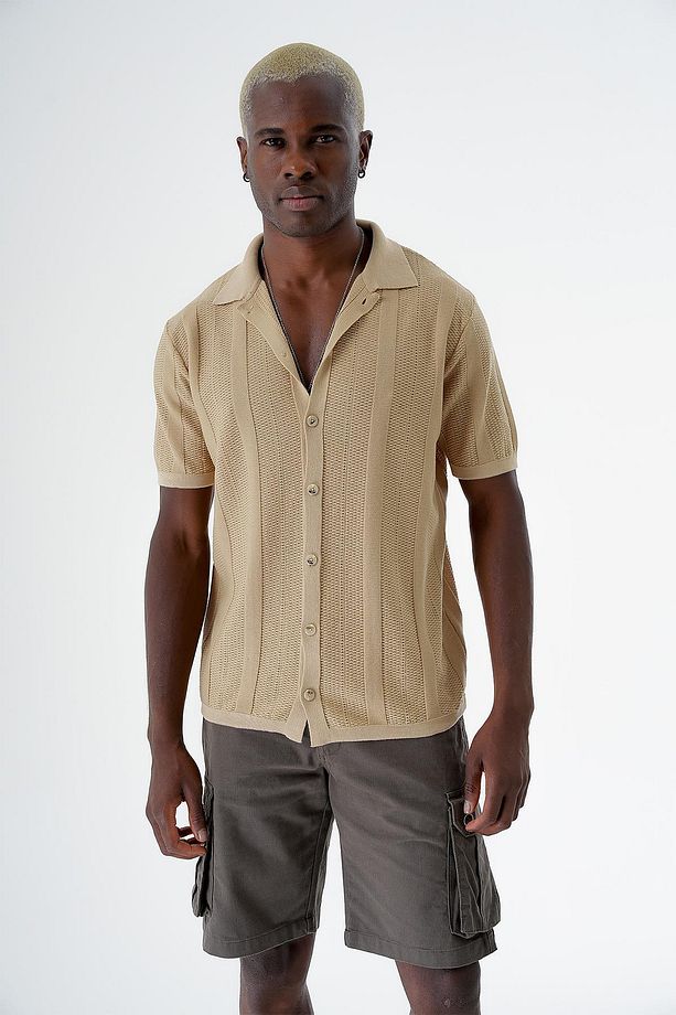 Erkek Desenli Kısa Kollu Regular Fit Triko Gömlek Taba 24s267 - 4