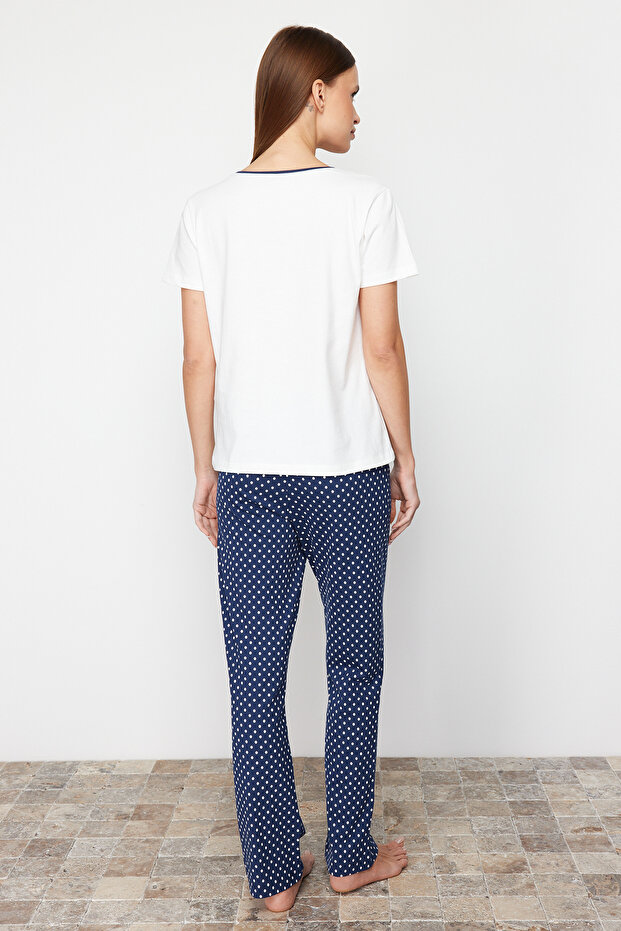 Beyaz-Çok Renkli Pamuklu Puantiyeli Örme Pijama Takımı THMSS24PT00323 - 6