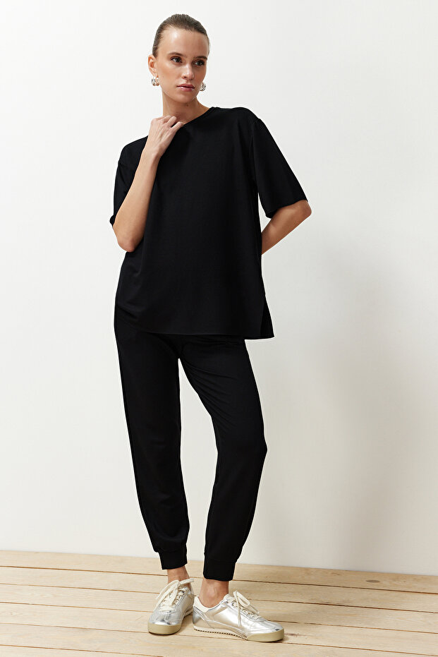 Siyah Bisiklet Yaka Kısa Kol Basic Jogger Örme Bluz Pantolon Alt-Üst Takım TWOSS24AU00120 - 8