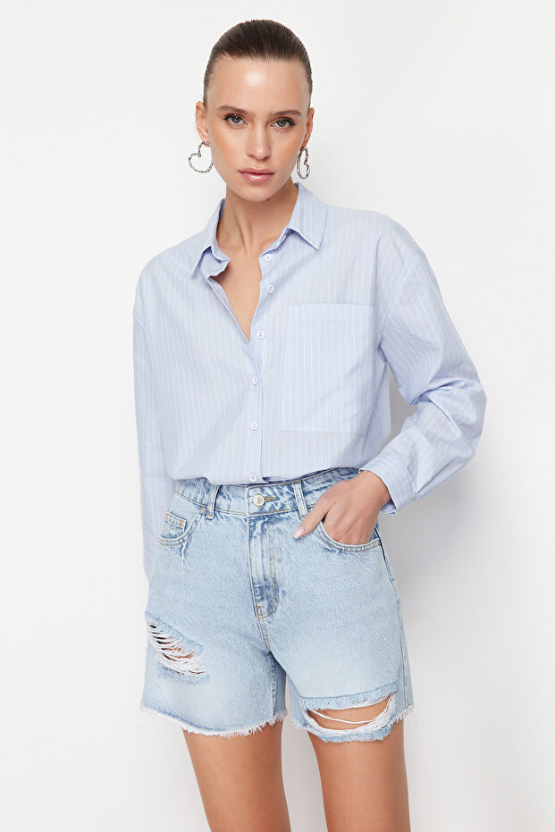 Mavi Yırtıklı Yüksek Bel Denim Şort TWOSS24SR00132 - 1