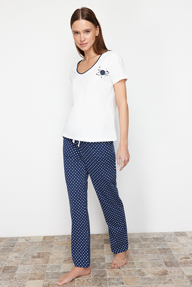 Beyaz-Çok Renkli Pamuklu Puantiyeli Örme Pijama Takımı THMSS24PT00323 - 3