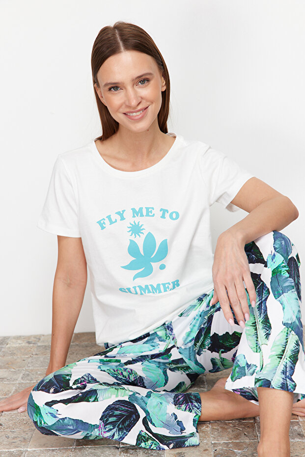 Kolorowy biały kwiatowy wzór bawełniany komplet piżamowy - THMSS24PT00322 - 1