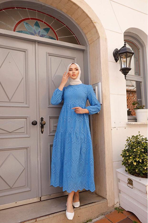 1073 Dantelli Elbise İndigo - 1