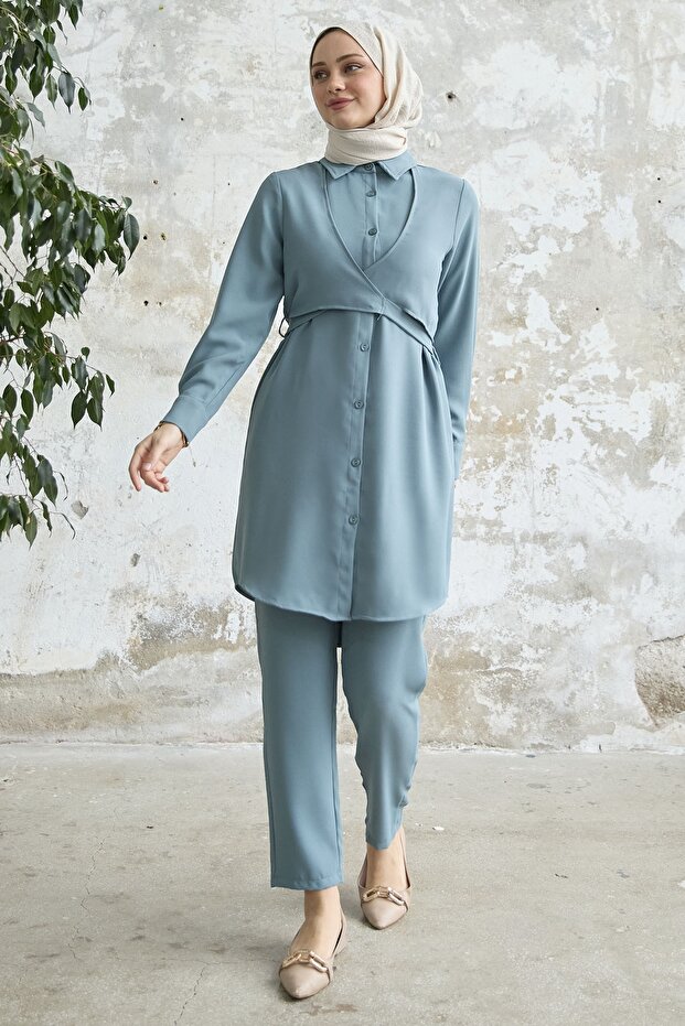 طقم مزدوج بربطة أمامية - نعناعي - 4