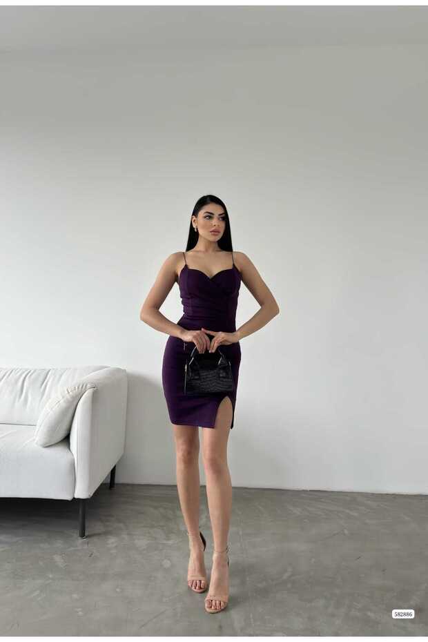 New Season Scuba Fabric Slit Detailed Women's Mini Evening Dress Graduation Dress582886
