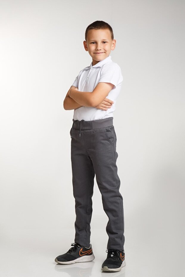 Ribbed Men's School Pants, Full Elastic Waistband, Grey, Comfortable and Stylish Design