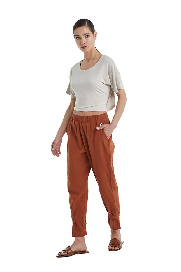 Women's Short Sleeve Beige Pajamas Set C4T9N3O06-
