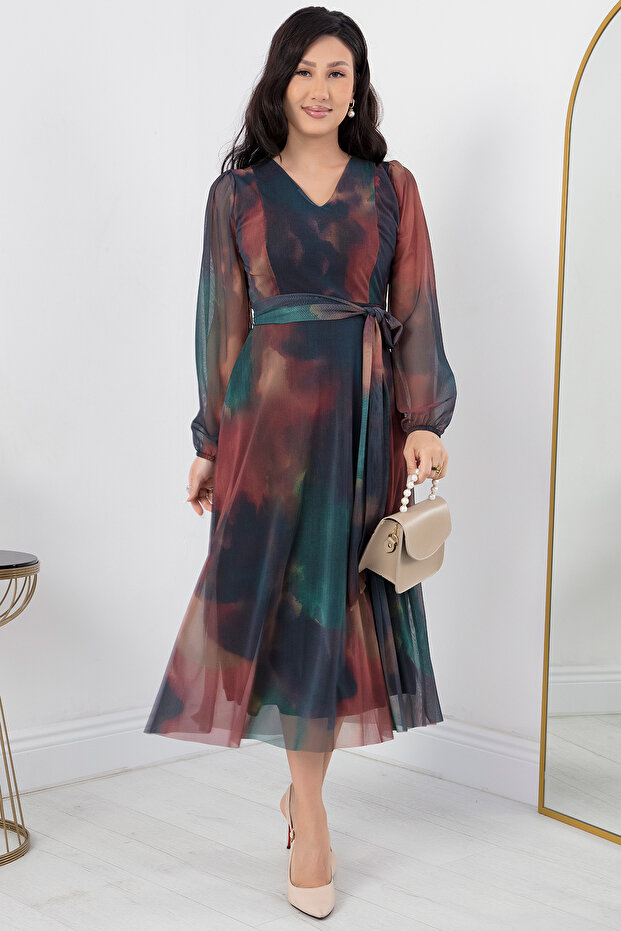 V Yaka Kuşaklı Tül Elbise AP-123 - 1