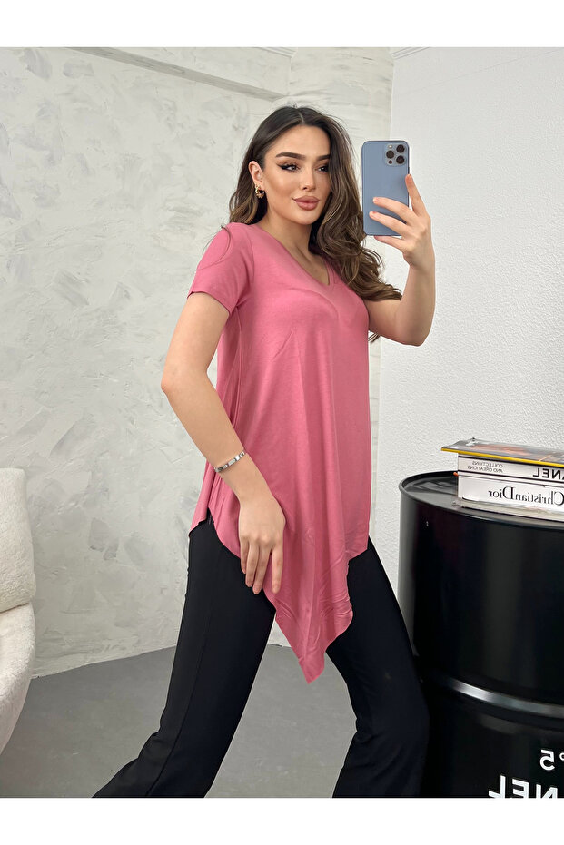 V Yaka Asimetrik Basic Bluz - 2