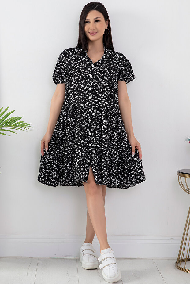 Volanlı Düğmeli Kısa Elbise 23707 - 4