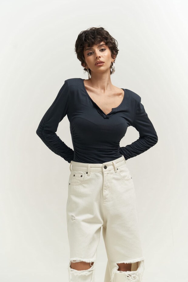Magenta Padded Anthracite Long Sleeve Blouse