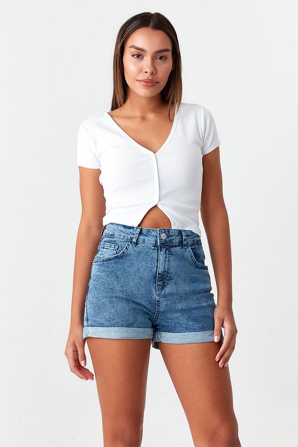 Kadın Mavi Denim Mini Şort - 1