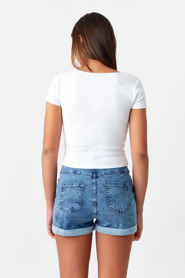 Kadın Mavi Denim Mini Şort - 2