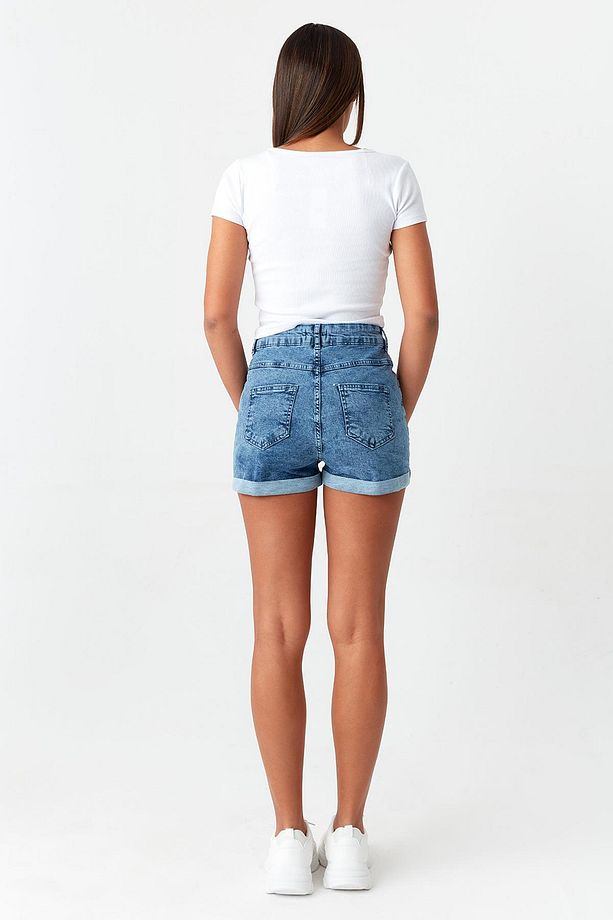 Kadın Mavi Denim Mini Şort - 6