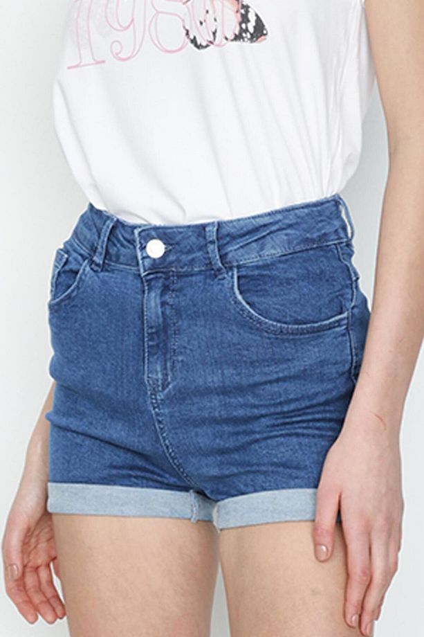 Kadın Koyu Mavi Denim Mini Şort - 5