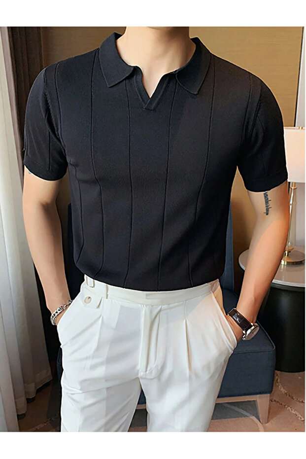 Men's Black Striped Short Sleeve Knitwear T-Shirt