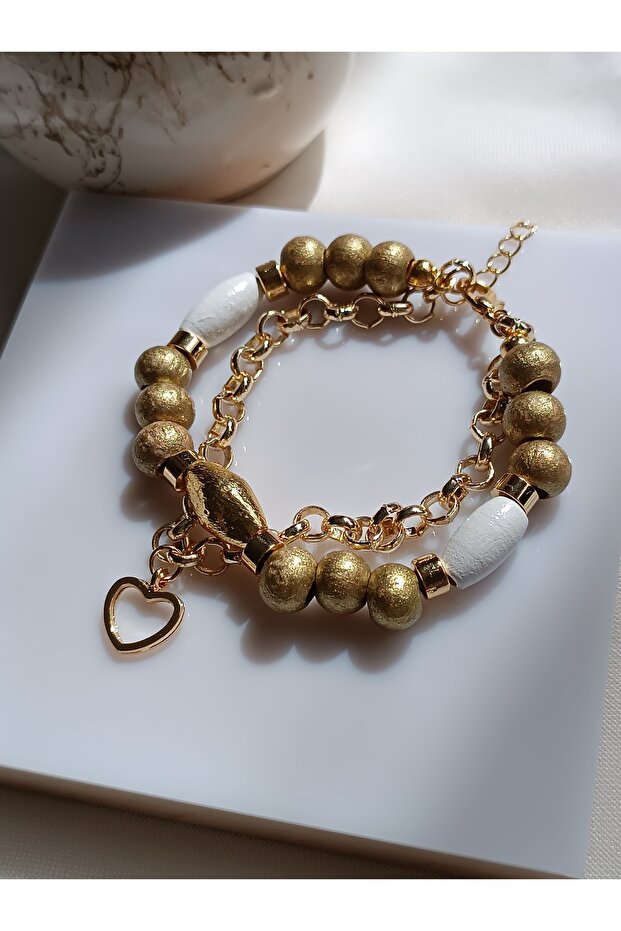 Gold Double Chain - Wooden Bracelet Heart