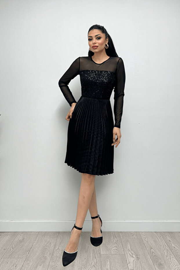 Üst Payet Alt Pliseli Midi Elbise - SİYAH - 1